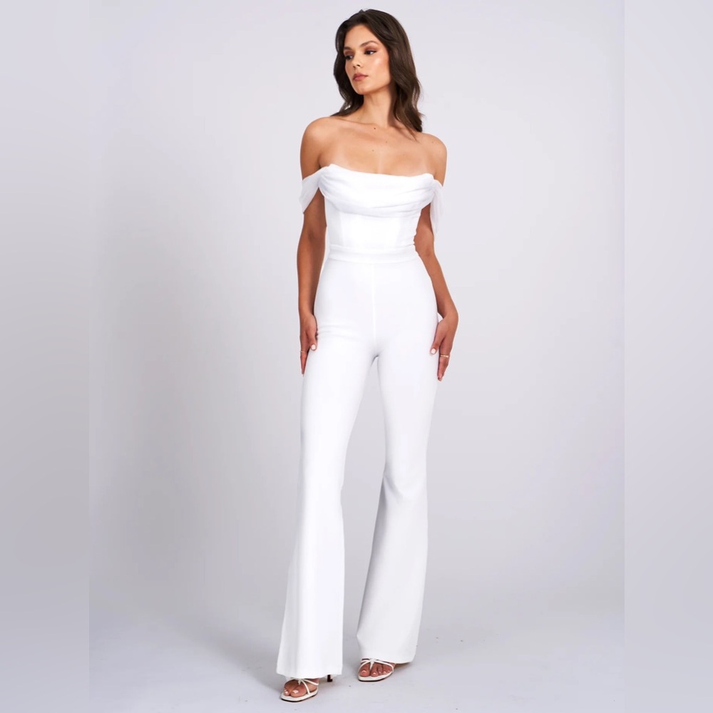 Miss Circle Sherlyn White Off Shoulder Flared Crepe Jumpsuit